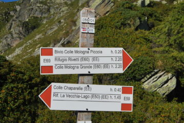 Le indicazioni al Colle Bosa; il bivio citato dovrebbe essere quello dove inizia il sentiero E69a che corre alto verso il Colle della Mologna Piccola