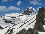 le cimette rocciose della Cresta Sud-Est dell'Arp Vieille e sul fondo la Gran Becca du Mont