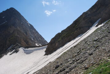 Visti dall’altro versante: Monte e Colle  del Berrio Blanc e il nevaio facilmente attraversabile